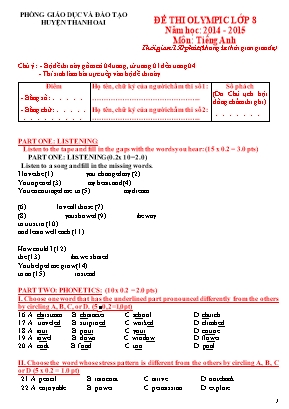 Đề thi Olympic môn Tiếng Anh - Năm học 2014-2015 - Phòng giáo dục và đào tạo huyện Thanh Oai (Có đáp án)